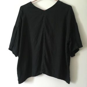 EVAM EVA Japan Pure Organic Crepe Linen Black V Neck Top O/S